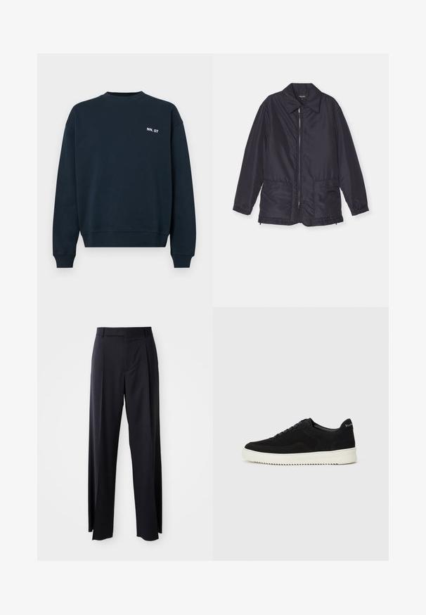 Chaqueta acolchada azul marino, ligera, con cremallera frontal, dos bolsillos delanteros y cuello. Textura suave, puños elásticos y dobladillo.; Sudadera de cuello redondo de color azul marino con mangas largas y texto blanco "NN. 07" en el lado izquierdo del pecho, diseño sencillo con puños y dobladillo acanalados.; Pantalones negros de tiro alto con corte de pierna ancha, confeccionados en una tela suave. Presenta pliegues en la parte delantera y trabillas para cinturón. Diseño minimalista, sin hardware visible.; Zapatilla de ante negra con diseño de cordones y suela de goma blanca contrastante. Presenta paneles laterales texturizados y un sutil logo en el talón.