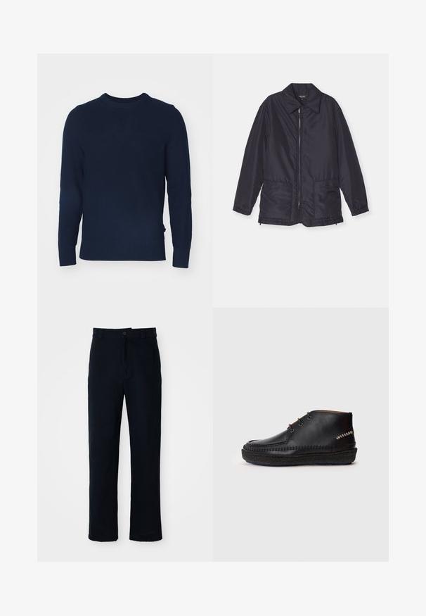 Casaco acolchoado azul marinho, leve, com fecho frontal, dois bolsos frontais e colarinho. Textura suave, punhos e bainha elásticos.; Sweater de malha azul-marinho com decote redondo, mangas longas, punhos e bainha canelados, apresentando um padrão texturizado por todo o lado.; Calças azul marinho em algodão, com um design de perna reta, fecho frontal com botão e cinta clássica com passantes para cinto.; Sapata de couro preto com um design de tornozelo baixo, apresentando um cabedal costurado, dois ilhós para atacadores e uma sola de borracha texturizada.