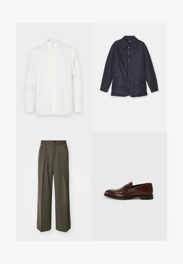 Tumesinine padiõhuga jakk, kerge, eest lukuga, kahe esipocketiga ja kraega. Sile tekstuur, elastsed mansetid ja alläär.; Valge pika varrukaga särk, mis on valmistatud kerge kangaga, klassikalise kraega, nööpide sulgemisega ja sirge lõikega hemiga. Sujuv tekstuur.; Filippa K WIDE TROUSERS - Püksid - driftwood; Pruunist nahast loafers'd ümara varbaga, eesrinde rihma detailiga ja madala kühveldatud kanna ning siledalt tekstuurilt, minimaalse dekoratiivsete aktsentidega.