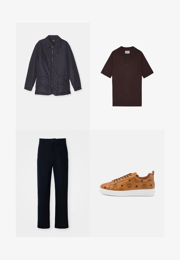 Marineblauwe gewatteerde jas, lichtgewicht, met een rits aan de voorkant, twee voorzakken en een kraag. Glad textuur, elastische manchetten en zoom.; Bruine polo gemaakt van gestructureerde stof, met een puntig kraag en korte mouwen. Het label toont "NN. 07" bij de hals.; Marineblauwe broeken van katoen, met een recht model, een sluiting met een knoop aan de voorkant en een klassieke tailleband met riemlussen.; Bruine leren sneakers met een reliëf MCM-logo, een diamantpatroon, een witte rubberen zool en contrasterende bruine veters.