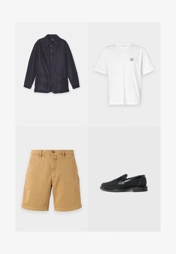 Jūras spēku zila piepūsta jaka, viegla, ar rāvējslēdzēja priekšpusi, divām priekšējām kabatām un apkakli. Gluda tekstūra, elastīgi aproces un apakšmala.; Baltas kokvilnas T-krekls ar īsām piedurknēm, apaļu dekoltē un mazu pelēku logo kreisajā krūšu daļā. Gluda tekstūra.; Bežīgas kokvilnas šorti ar pogu aizdari, jostu cilpiņām un izšūtiem malām. Satur divas priekšējās kabatas un klasisku taisnu kāju dizainu.; Melnas austas slaidu kurpes ar gludu ādas akcentu augšpusē, apaļas formas purngalu un zemas profila gumijas zoli.