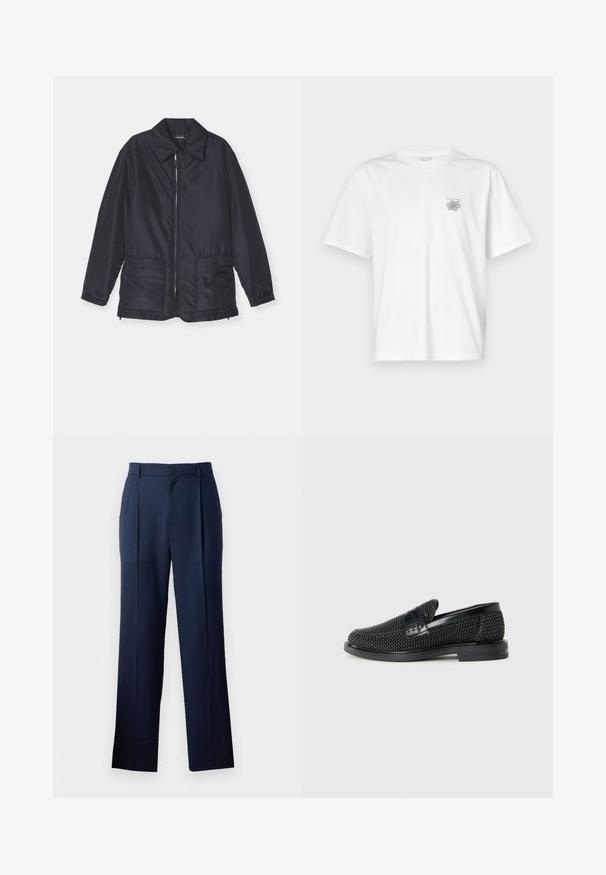 Tamsiai mėlyna pūkinė striukė, lengva, su užtrauktuku priekyje, dviem priekinėmis kišenėmis ir apykakle. Lygus paviršius, elastinės rankovės ir apačia.; Balta medvilninė marškinėlių, su trumpomis rankovėmis, apykaklė nei per aukšta, nei per žema, ir mažas pilkas logotipas kairėje krūtinės pusėje. Lygi tekstūra.; Tamsiai mėlynos kelnės, pagamintos iš lygaus audinio, tiesaus kirpimo, su subtilia tekstūra ir dviem priekinėmis raukšlėmis. Nėra matomų kišenių.; Juodas pintas slip-on tipo batelis su lygiu odiniu akcentu viršuje, apvalios nosies dizainas ir žemas guminis padas.