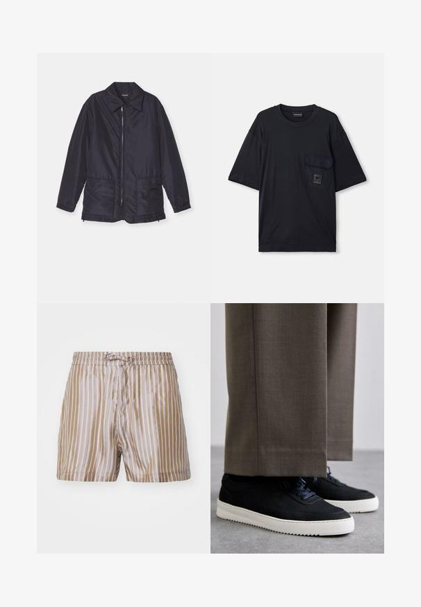 Casaco acolchoado azul marinho, leve, com fecho frontal, dois bolsos frontais e colarinho. Textura suave, punhos e bainha elásticos.; T-shirt preto de manga curta com decote redondo e um bolso com aba no lado esquerdo do peito, apresentando um pequeno patch retangular de logotipo.; Tiger of Sweden TWOLUM - Calções - forest leaves; Sapatilhas de camurça pretas com solas de borracha brancas, apresentando um bico arredondado e atacadores, usadas com calças cinzas ajustadas.