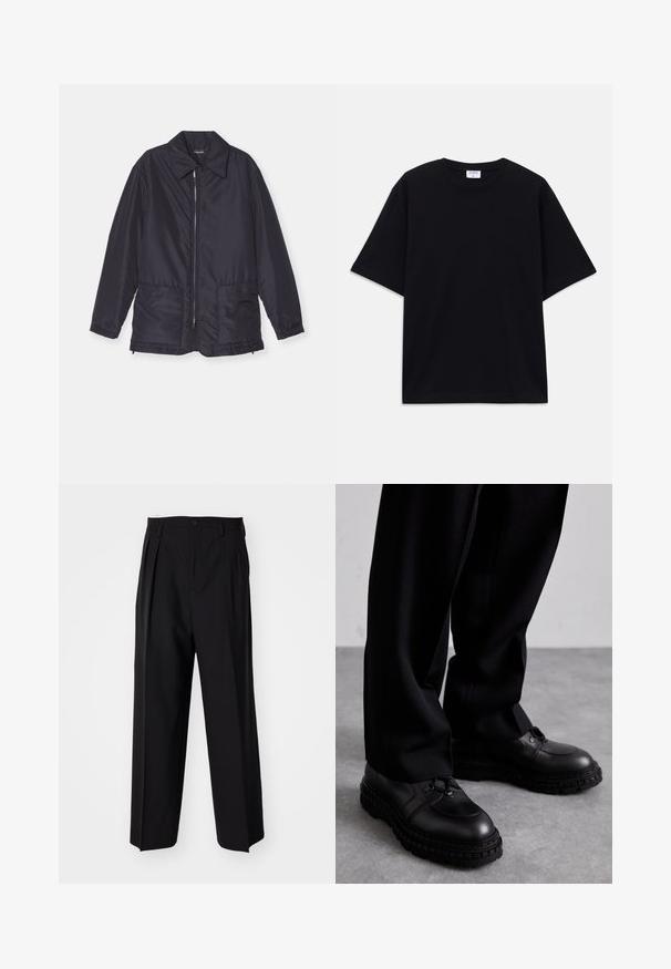 Granatowa, ocieplana kurtka, lekka, z zamkiem z przodu, dwiema przednimi kieszeniami i kołnierzem. Gładka faktura, elastyczne mankiety i dół.; Czarny, krótki rękaw, oversize'owy T-shirt z okrągłym dekoltem i widoczną metką marki Filippa K wewnątrz kołnierza.; Czarne plisowane spodnie o prostym, szerokim kroju nogawek. Wykonane z gładkiego materiału, z zapięciem na guzik i pętelkami na pasek.; Czarne skórzane buty z okrągłym noskiem, teksturowaną cholewką, sznurowanym designem i grubą gumową podeszwą z bieżnikiem. Noszone z czarnymi spodniami.