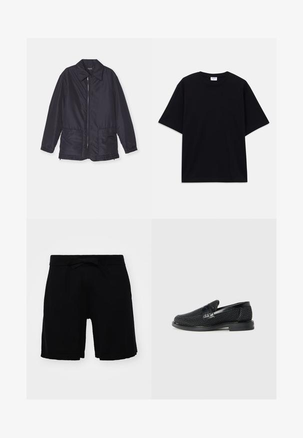 Tamsiai mėlyna pūkinė striukė, lengva, su užtrauktuku priekyje, dviem priekinėmis kišenėmis ir apykakle. Lygus paviršius, elastinės rankovės ir apačia.; Juodas trumpas rankovėmis per didelis marškinėliai su apvaliu iškirpimu ir matoma Filippa K prekės ženklo etiketė vidinėje apykaklės pusėje.; Juodi vaikų šortai, pagaminti iš švelnios medžiagos, su elastinga juosmens juosta ir kaspinu bei banguotu kraštu. Paprastas dizainas, be raštų.; Juodas pintas slip-on tipo batelis su lygiu odiniu akcentu viršuje, apvalios nosies dizainas ir žemas guminis padas.