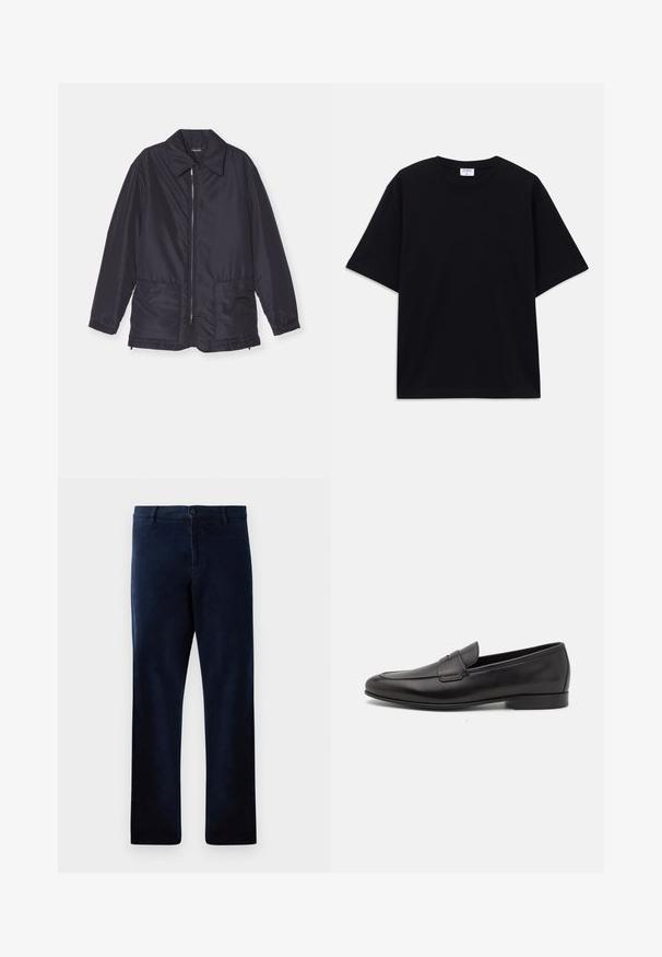 Marineblaue gepolsterte Jacke, leicht, mit Reißverschluss vorne, zwei Fronttaschen und Kragen. Glatte Textur, elastische Ärmelbündchen und Saum.; Schwarzes, oversized T-Shirt mit kurzen Ärmeln und rundem Ausschnitt, mit sichtbarem Filippa K Markenlabel im Kragen.; Marineblaue Hose aus einem weichen, strukturierten Stoff, mit einem Knopfverschluss und geradem Schnitt, versehen mit dezenten Nähdetails.; Schwarze Leder-Herrenloafer mit niedrigem Absatz und klassischem Penny-Riemen-Design, seitlich auf einem weißen Hintergrund dargestellt.