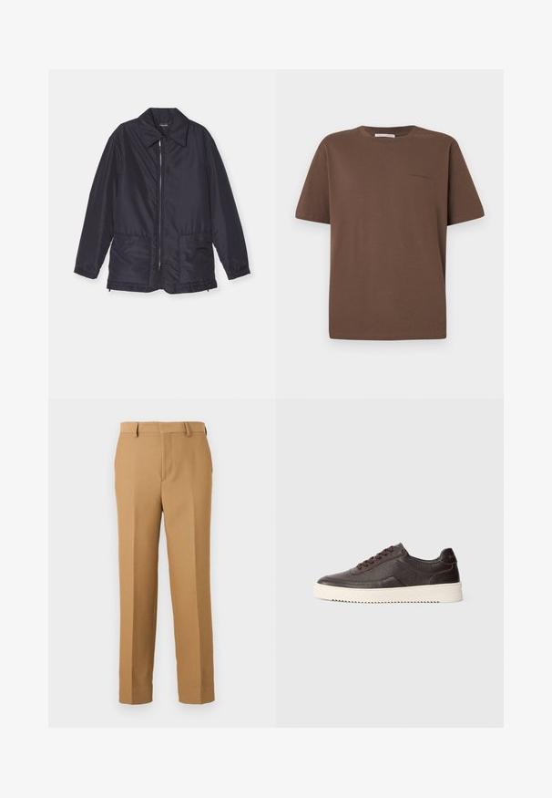 Casaco acolchoado azul marinho, leve, com fecho frontal, dois bolsos frontais e colarinho. Textura suave, punhos e bainha elásticos.; T-shirt de algodão castanho com decote redondo, mangas curtas e um pequeno logótipo impresso na frente. Textura de tecido lisa, ajuste casual.; Calças de fato bege, feitas de um tecido entrelaçado, com corte straight, frente lisa e passantes para cinto. Textura suave sem padrões visíveis.; Sapatilhas de couro castanho-escuro com um acabamento texturizado, bico redondo e sola de borracha creme em contraste. Apresenta atacadores e detalhes de costura subtis.