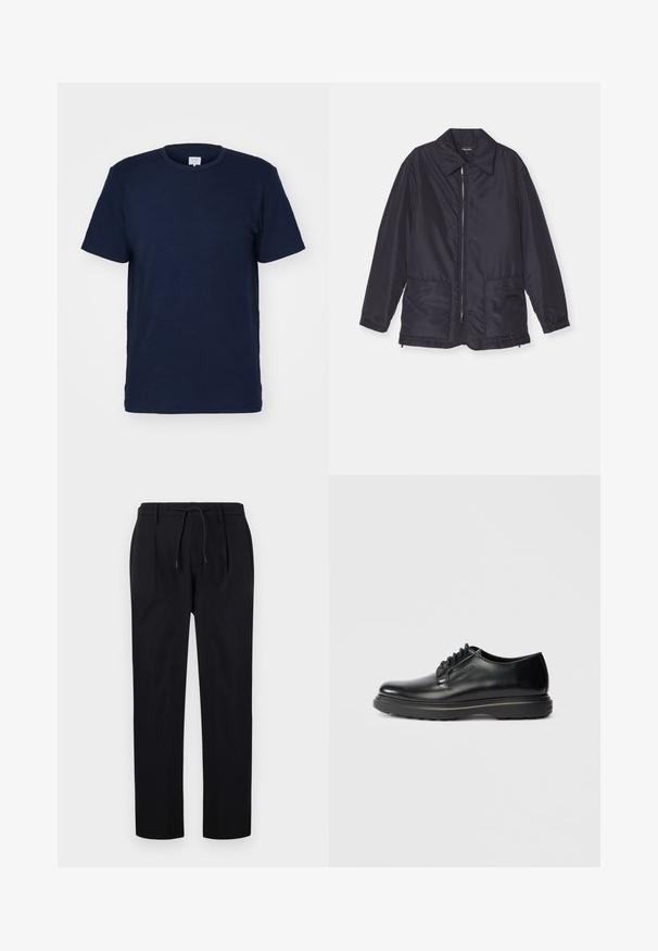 Marineblaue gepolsterte Jacke, leicht, mit Reißverschluss vorne, zwei Fronttaschen und Kragen. Glatte Textur, elastische Ärmelbündchen und Saum.; Marineblaue kurzärmelige T-Shirt mit Rundhalsausschnitt, aus weichem Stoff gefertigt, mit glatter Textur und einfachem Design ohne Muster.; Schwarze Hose aus glattem Stoff, mit einem Kordelzugbund, geraden Beinen und einer Vorderfalte für einen strukturierten Look.; Schwarze Leder Schnür-Oxford-Schuhe mit dicker Sohle und "WATERMAN"-Prägung an der Seite, im Profil auf hellem grauen Hintergrund gezeigt.