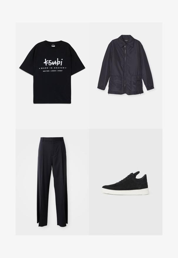 Tmavě modrá prošívaná bunda, lehká, s předním zipem, dvěma předními kapsami a límcem. Hladká textura, elastické manžety a lem.; Černé bavlněné tričko s volným střihem. Obsahuje bílé grafické nápisy "ksubi" a "MADE IN HEAVEN" s názvy měst níže. Klasický design s kulatým výstřihem.; Černé kalhoty s vysokým pasem a širokým střihem, vyrobené z hladké látky. Mají přední sklady a poutka na opasek. Minimalistický design, bez viditelného kovového hardwaru.; Černé semišové tenisky s bílou gumovou podrážkou, s tónovým prošitím a šněrováním. Hladký povrch s moderním, aerodynamickým tvarem.