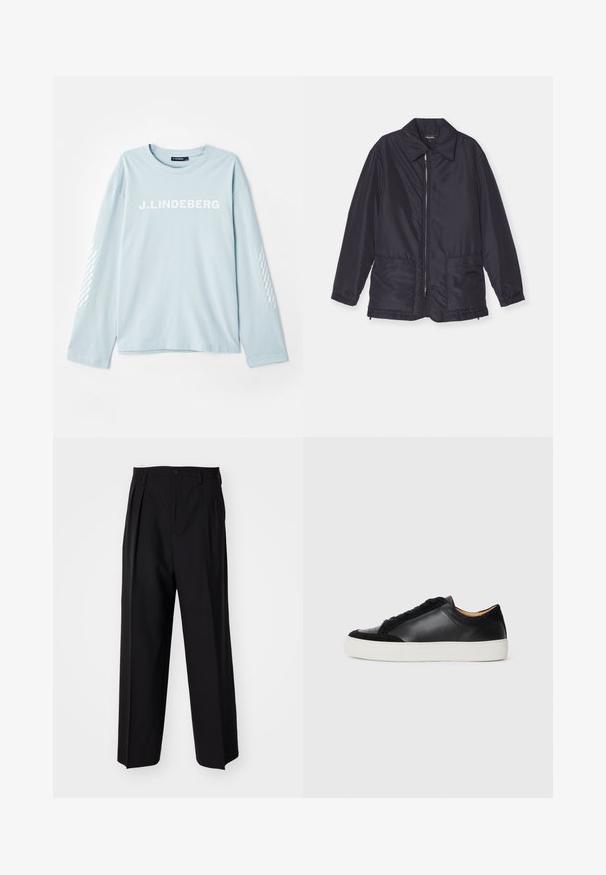 Marineblaue gepolsterte Jacke, leicht, mit Reißverschluss vorne, zwei Fronttaschen und Kragen. Glatte Textur, elastische Ärmelbündchen und Saum.; Himmelblaues Langarm-T-Shirt aus weichem Stoff, mit dem weißen „J. Lindeberg“-Logo auf der Vorderseite und einem gemusterten Akzent an den Ärmeln.; Schwarze, plissierte Hose mit geradem, weitem Bein. Hergestellt aus glattem Stoff, mit Knopfverschluss und Gürtelschlaufen.; Schwarze Ledersneaker mit Wildlederakzenten, runde Zehenpartie, flache weiße Gummisohle und kontrastierende Texturen am Obermaterial und den Schnürsenkeln.