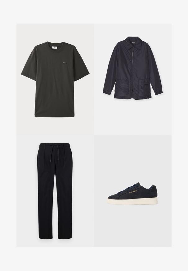 Giacca imbottita blu navy, leggera, con zip frontale, due tasche anteriori e colletto. Texture liscia, polsini e orlo elasticizzati.; NN.07 ADAM EMB - T-shirt basic - khaki; Pantaloni neri in tessuto liscio, con vita regolabile, gambe dritte e pieghe frontali per un aspetto strutturato.; Sneaker bassa in suede blu navy con suola bianca, lacci blu navy e logo "Filling Pieces" in oro sul lato.