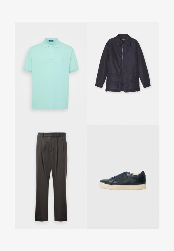 Casaco acolchoado azul marinho, leve, com fecho frontal, dois bolsos frontais e colarinho. Textura suave, punhos e bainha elásticos.; Polo em teal claro em tecido de algodão, com colarinho clássico, dois botões frontais e um pequeno logotipo bordado no lado esquerdo do peito.; Calças cinza escuras feitas de um tecido texturizado, com frente lisa, pregas, pernas direitas e passadores de cinto. Sem hardware ou padrões visíveis.; Sapatilha de couro azul-marinho com sola de borracha creme, apresentando atacadores azuis e uma textura suave. Bico arredondado e design minimalista.