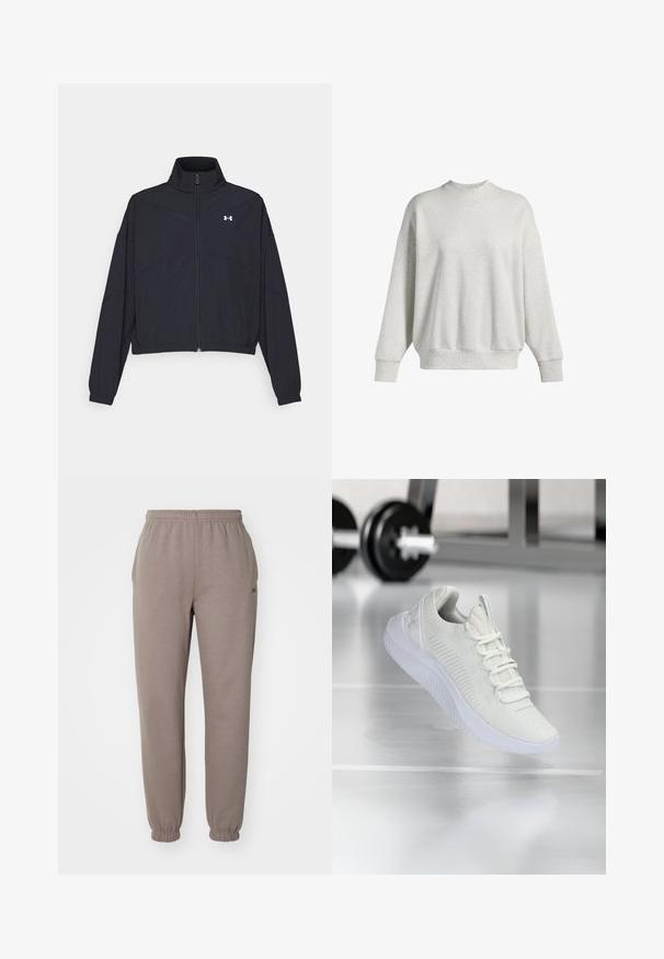 Zwarte zip-up jas met een hoge kraag, elastische manchetten en zoom. Beschikt over een soepele textuur en een klein wit logo op de borst.; Lichtgrijze sweatshirt gemaakt van zacht katoenmix, met een ronde hals, verlaagde schouders, ribgebreide manchetten en een klein logo op de borst.; Bruine joggingsbroek van een zachte stof, met een elastische tailleband, boordjes aan de onderkant en zijzakken. Discrete branding op de bovenbeen.; Witte sport sneaker met een gestructureerde mesh bovenkant en vetersysteem, voorzien van een gewatteerde witte zool en subtiele ribbelaccenten.