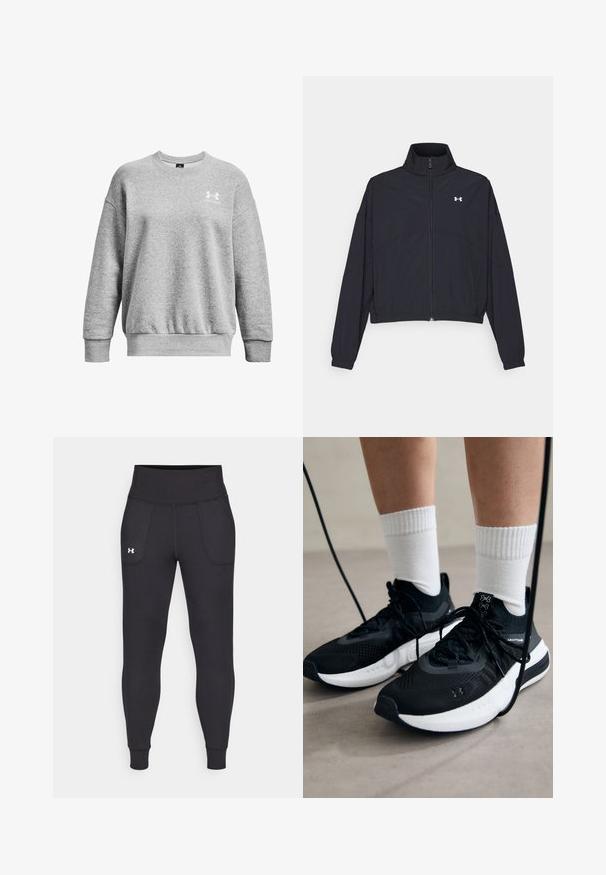 Juodas užtrauktuku užsegamas džemperis su aukštu apykaklės kraštu, elastingomis rankogaliais ir apačia. Pasižymi lygiu tekstūru ir mažuoju baltu logotipu ant krūtinės.; Pilkas sportinis megztinis, pagamintas iš minkštos medžiagos, su apvaliu kaklu, nušlifuotomis petnešomis, raukšlėtais rankogaliais ir mažu baltu logotipu kairiajame krūtinės kampe.; Juodos sportinės leginsai, pagaminti iš tamprių medžiagų, su aukštu juosmeniu, šoninėmis kišenėmis ir priglundančiomis blauzdų manžetėmis.; Juodi sportiniai batai su tekstūruotu audiniu, balta padu ir juodais raiščiais. Dėvimi su baltais raištiniais kojiniais, stovint lengvame paviršiuje.