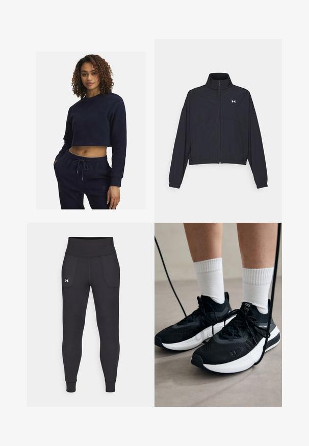 Czarna kurtka zapinana na zamek z wysokim kołnierzem, elastycznymi mankietami i dołem. Charakteryzuje się gładką teksturą oraz małym białym logo na piersi.; Granatowa, krótka bluza wykonana z miękkiego materiału, z długimi rękawami, okrągłym dekoltem oraz subtelnymi haftowanymi detalami. W komplecie ze spodnimi w tym samym kolorze.; Czarne legginsy sportowe wykonane z elastycznego materiału, z wysokim stanem, bocznymi kieszeniami i dopasowanymi mankietami przy kostkach.; Czarne buty sportowe z teksturowanym materiałem, białą podeszwą i czarnymi sznurowadłami. Nosi je osoba w białych skarpetkach w prążki, stojąca na jasnej powierzchni.