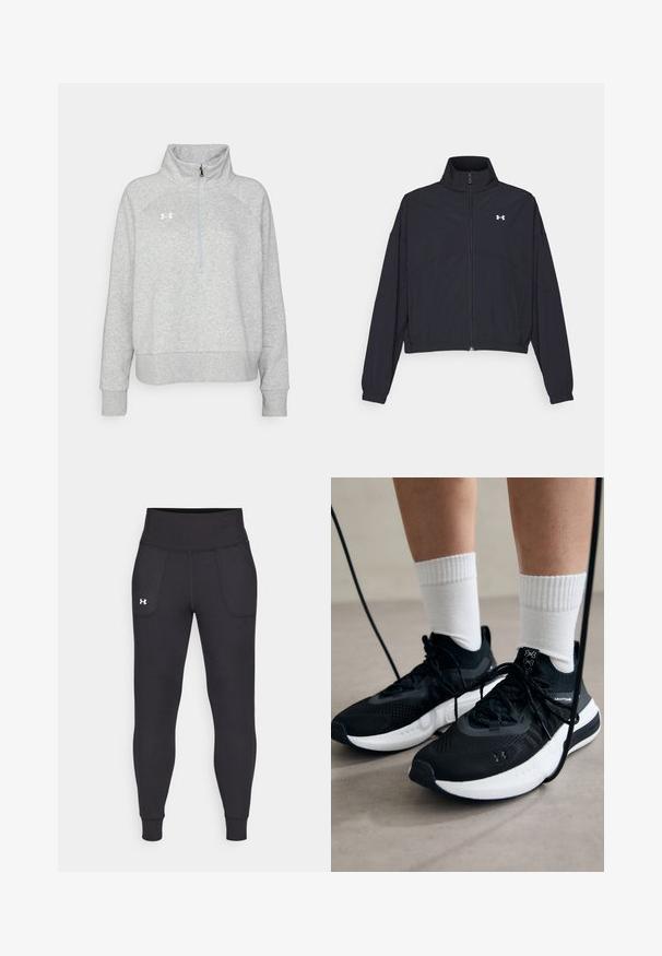 Zwarte zip-up jas met een hoge kraag, elastische manchetten en zoom. Beschikt over een soepele textuur en een klein wit logo op de borst.; Grijze fleece pullover met een hoge kraag, kwart-rits aan de voorkant, raglanmouwen en geribbelde manchetten. Heeft een logo op de linkerborst.; Zwarte sportleggings van rekbaar materiaal, met een hoge tailleband, zijzakken en aansluitende boorden bij de enkels.; Zwarte sportschoenen van gestructureerde stof, met een witte zool en zwarte veters. Draag ze met witte geribde sokken, staand op een lichte ondergrond.