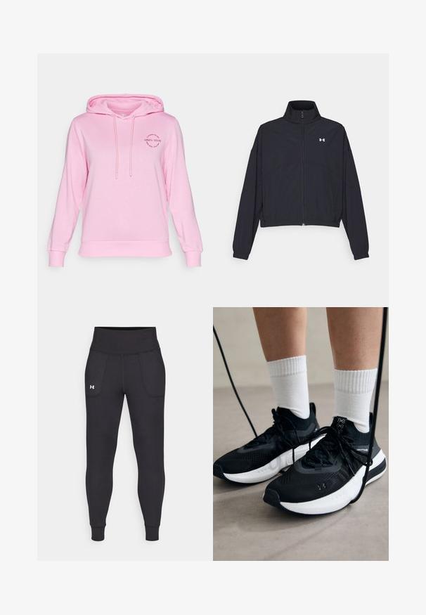 Zwarte zip-up jas met een hoge kraag, elastische manchetten en zoom. Beschikt over een soepele textuur en een klein wit logo op de borst.; Roze hoodie van zachte stof, met een trekkoordkap, ribgebreide manchetten en zoom, en een cirkelvormige graphic op de borst met tekst.; Zwarte sportleggings van rekbaar materiaal, met een hoge tailleband, zijzakken en aansluitende boorden bij de enkels.; Zwarte sportschoenen van gestructureerde stof, met een witte zool en zwarte veters. Draag ze met witte geribde sokken, staand op een lichte ondergrond.