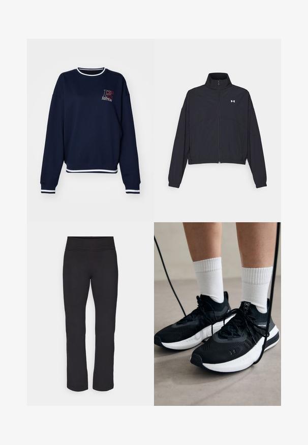 Black zip-up jacket with a high collar, elastic cuffs, and hem. Features a smooth texture and a small white logo on the chest.; Navy blue sweatshirt made of soft fabric, featuring a round neckline, white ribbed trim, and a printed logo on the chest. Long sleeves.; Black leggings with a smooth, stretchy fabric and a wide waistband. They have straight, full-length legs and no visible patterns or accents.; Black athletic shoes with textured fabric, white sole, and black laces. Worn with white ribbed socks, standing on a light surface.