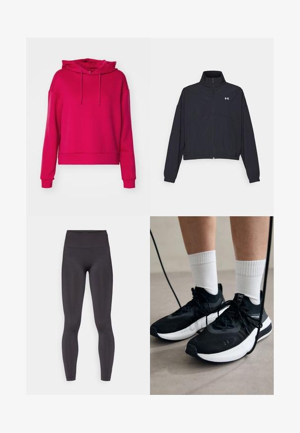 Musta vetoketjullinen takki korkealla kauluksessa, joustavat hihat ja helma. Ominaisuuksiin kuuluu sileä rakenne ja pieni valkoinen logo rinnassa.; ONLY Play ONPLOUNGE LIFE HOOD - Huppari - granita; ONLY Play ONPSCULP SEAM - Trikoot - black; Mustat urheilukengät, joissa on teksturoitua kangasta, valkoiset pohjat ja mustat nauhat. Yhdistetty valkoisten urheilusukkien kanssa, seisten vaalealla pinnalla.