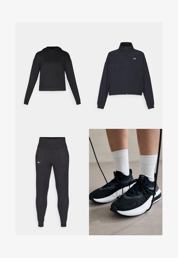 Giacca nera con zip e colletto alto, polsini e orlo elastici. Presenta una texture liscia e un piccolo logo bianco sul petto.; Felpa nera con cappuccio, realizzata in un tessuto morbido. Presenta maniche lunghe, una tasca frontale e orlo a coste. Nessun motivo o hardware visibile.; Leggings atletici neri realizzati in materiale elastico, con un alto giro vita, tasche laterali e polsini aderenti alla caviglia.; Scarpe sportive nere con tessuto testurizzato, suola bianca e lacci neri. Indossate con calzini bianchi a costine, in piedi su una superficie chiara.