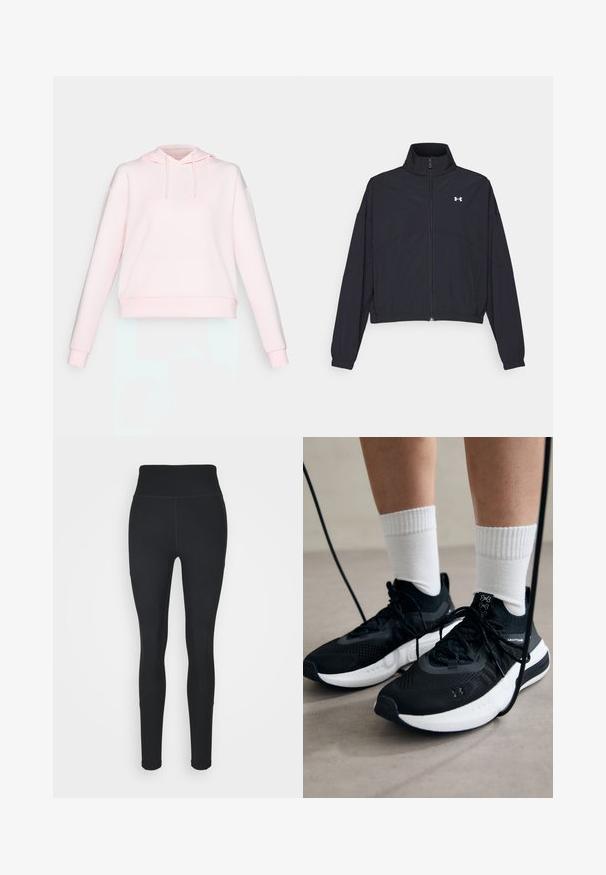 Sort zip-jakke med høj krave, elastiske manchetter og kant. Har en glat tekstur og et lille hvidt logo på brystet.; Lyserød cropped hoodie med snøre i hætten, brede ærmer og blød stoftekstur. Har ribbet kant og manchetter.; Sorte leggings lavet af strækbart stof, med høj talje, ribbede paneler på siderne og et tætsiddende design, der tapers ved anklerne.; Sorte sportssko med tekstureret stof, hvid sål og sorte snørebånd. Båret med hvide ribbede sokker, stående på en lys overflade.