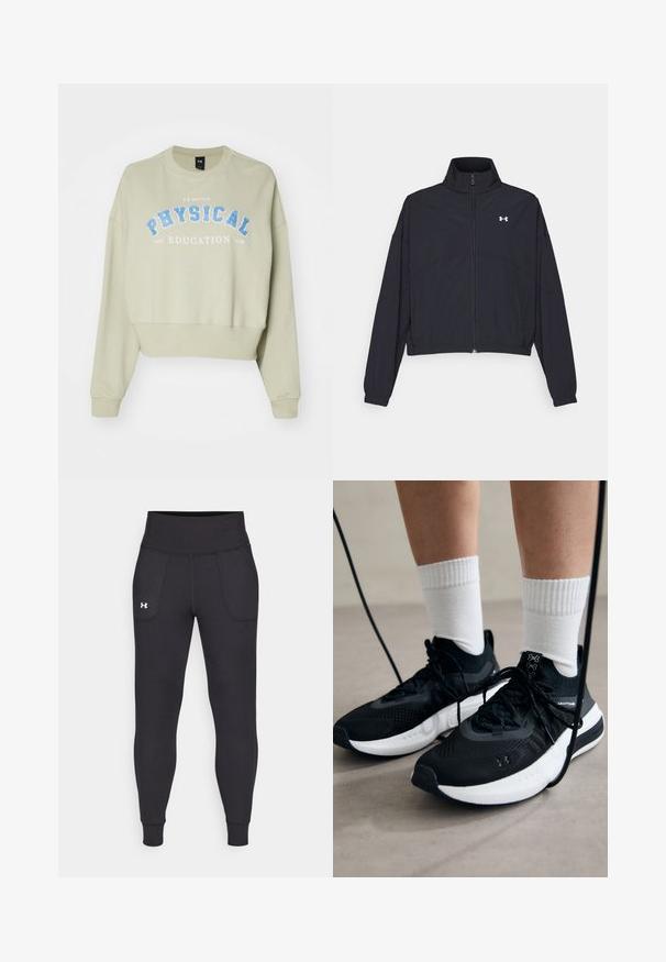 Giacca nera con zip e colletto alto, polsini e orlo elastici. Presenta una texture liscia e un piccolo logo bianco sul petto.; Felpa accorciata in morbido cotone verde chiaro con stampa blu "EDUCAZIONE FISICA". Presenta maniche a coste e collo tondo.; Leggings atletici neri realizzati in materiale elastico, con un alto giro vita, tasche laterali e polsini aderenti alla caviglia.; Scarpe sportive nere con tessuto testurizzato, suola bianca e lacci neri. Indossate con calzini bianchi a costine, in piedi su una superficie chiara.