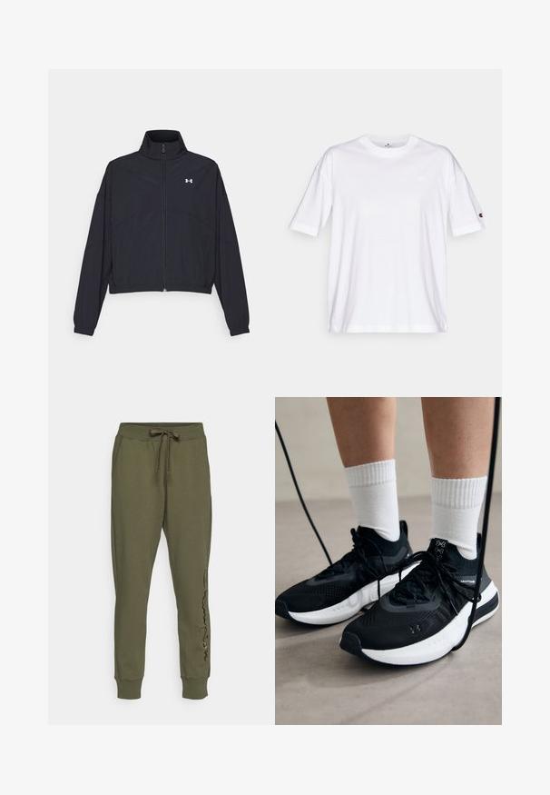 Črna jakna na zadrgo z visokim ovratnikom, elastičnimi manšetami in robom. Ima gladko teksturo in majhen bel logotip na prsih.; Bela bombaža majica z okroglo ovratnikom, kratkimi rokavi in majhnim logotipom na levem prsnem delu. Ima sproščen fit in enotno barvo.; Champion ICONS CUFF PANTS LARGE LOGO - Spodnji deli trenirk - dark green; Črne športne čevlje z strukturirano tkanino, belo podplatom in črnimi vezalkami. Nosi se z belimi rebrastimi nogavicami, stoje na svetli površini.