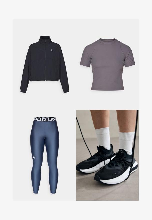 Musta vetoketjullinen takki korkealla kauluksessa, joustavat hihat ja helma. Ominaisuuksiin kuuluu sileä rakenne ja pieni valkoinen logo rinnassa.; Lyhythihainen, korkea kauluksen paita ribbitetystä, harmaasta kankaasta. Tiivis malli, jossa on litteät saumat ja sileä pinta. Ei kuvioita tai graafisia elementtejä.; Laivastonsiniset tiukat legginsit, joissa on sileä pinta, joustava vyötärö, jossa lukee valkoisella "UNDER ARMOUR", ja logoyksityiskohta alahaarassa.; Mustat urheilukengät, joissa on teksturoitua kangasta, valkoiset pohjat ja mustat nauhat. Yhdistetty valkoisten urheilusukkien kanssa, seisten vaalealla pinnalla.
