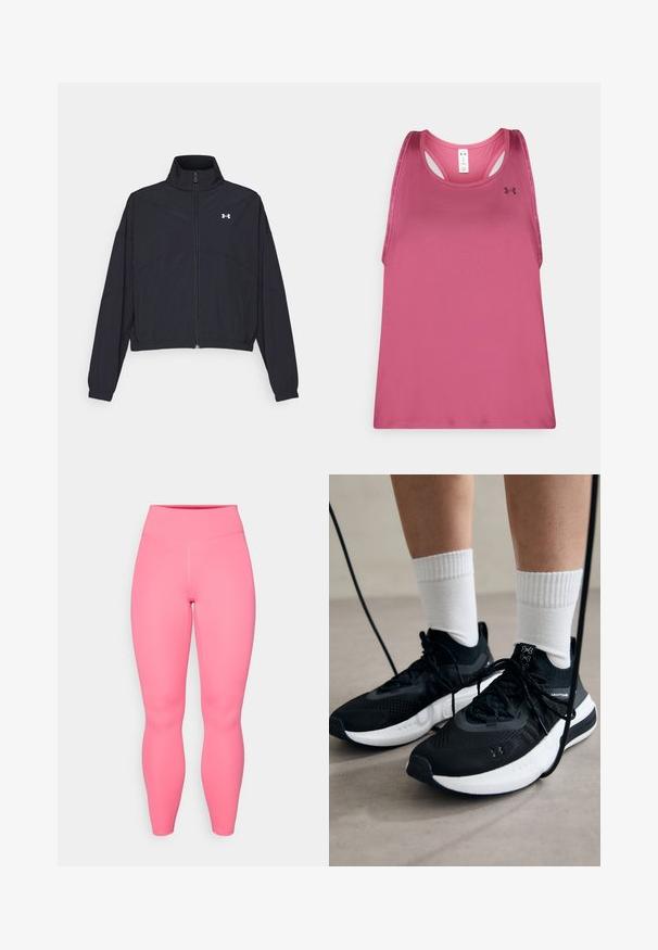 Black zip-up jacket with a high collar, elastic cuffs, and hem. Features a smooth texture and a small white logo on the chest.; Pink sleeveless athletic tank top with a smooth texture, featuring a round neckline, racerback design, and brand logo on the front left.; Pink active leggings with a high waist, made of stretchy material. Features a smooth texture and no visible patterns or accents.; Black athletic shoes with textured fabric, white sole, and black laces. Worn with white ribbed socks, standing on a light surface.