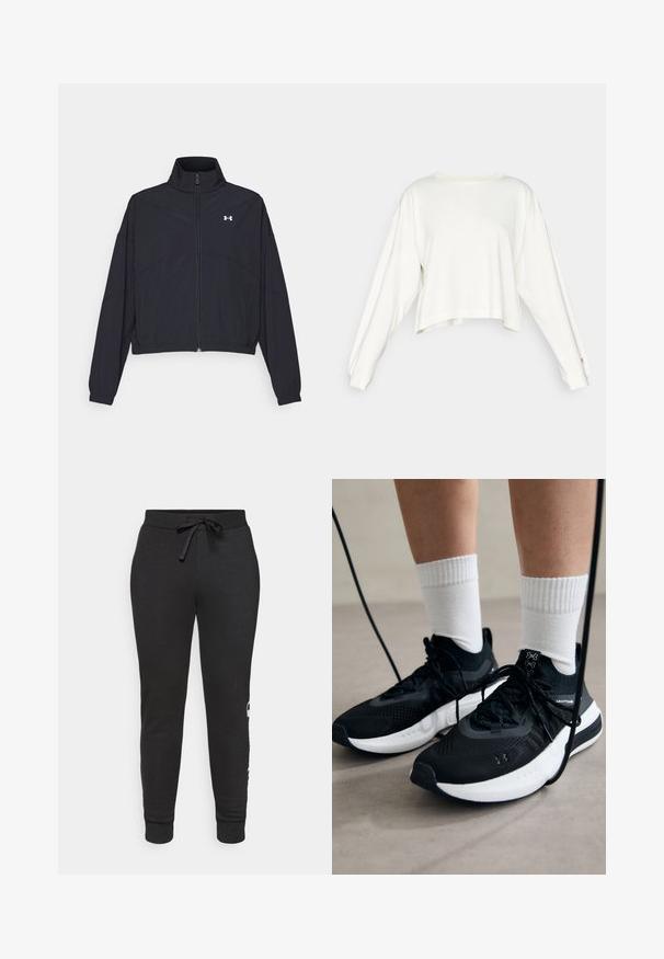 Black zip-up jacket with a high collar, elastic cuffs, and hem. Features a smooth texture and a small white logo on the chest.; White cropped long-sleeve sweatshirt, featuring a relaxed fit, ribbed cuffs, and a small logo on the chest. Soft fabric with a smooth texture.; Black tapered jogger pants with a drawstring waist, made of soft fabric. Features ribbed cuffs and a printed logo detail on the side.; Black athletic shoes with textured fabric, white sole, and black laces. Worn with white ribbed socks, standing on a light surface.