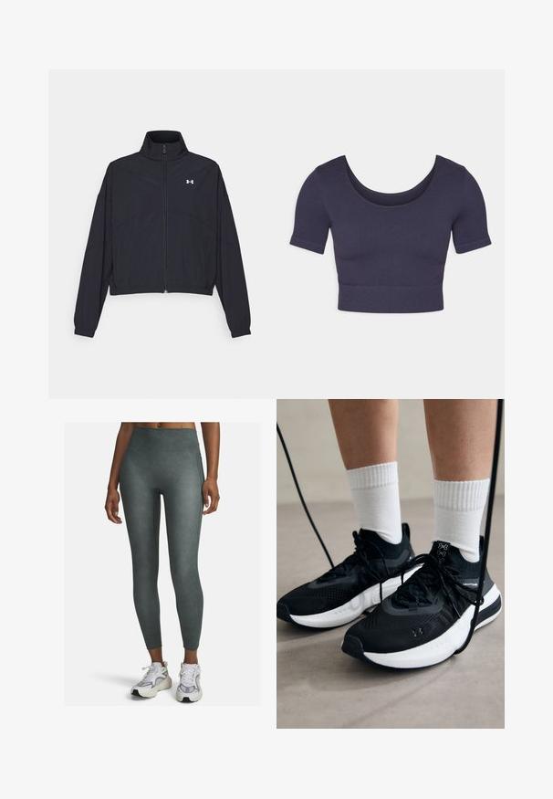 Juodas užtrauktuku užsegamas džemperis su aukštu apykaklės kraštu, elastingomis rankogaliais ir apačia. Pasižymi lygiu tekstūru ir mažuoju baltu logotipu ant krūtinės.; Jūrinis trumpas viršus su trumpomis rankovėmis, pagamintas iš juostos audinio. Turi apvalų iškirpimą ir prigludusį dizainą.; Aukštos juosmens leggingai, pagaminti iš lygios, tamprios medžiagos, muted green spalvos, su šoninėmis siūlėmis ir prigludusia konstrukcija.; Juodi sportiniai batai su tekstūruotu audiniu, balta padu ir juodais raiščiais. Dėvimi su baltais raištiniais kojiniais, stovint lengvame paviršiuje.