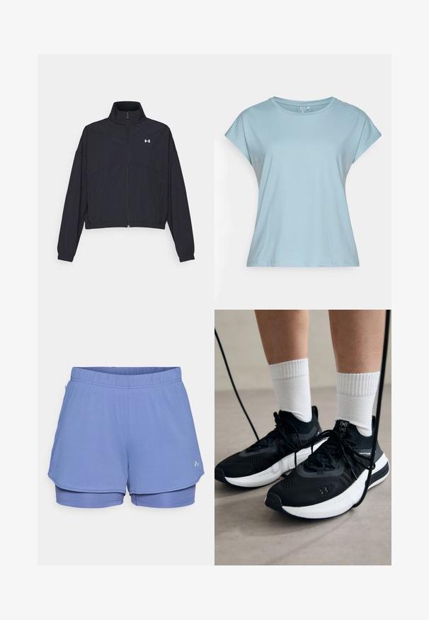 Crna jakna na zatvaranje s visokom ovratnikom, elastičnim manžetama i rubom. Ima glatku teksturu i mali bijeli logo na prsima.; Svijetloplava majica kratkih rukava izrađena od mekog materijala. Ima okrugli izrez, opušteni kroj i šivene rubove. Bez uzoraka ili ukrasa.; Svijetloplave atletske šortseve od teksturirane tkanine, s elastičnom trakom za struk, unutarnjom podlogom i suptilnim logotipom sa strane.; Crne atletske cipele s teksturiranim materijalom, bijelim potplatima i crnim vezicama. Nosene s bijelim rebrastim čarapama, stojeći na svijetloj površini.
