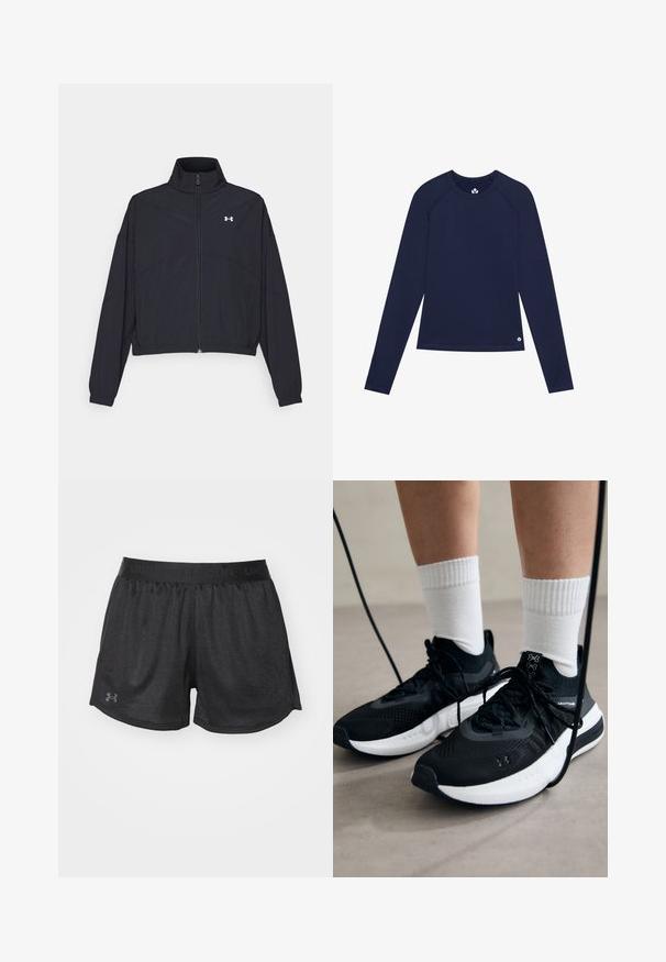 Jachetă neagră cu fermoar, cu guler înalt, manșete elastice și tiv. Prezintă o textură netedă și un mic logo alb pe piept.; Camisetă cu mânecă lungă de culoare bleumarin, confecționată dintr-un material elastic, având un gât rotund, mâneci raglan și un mic logo aproape de margine.; Pantaloni scurți de atletism negri, dintr-un material texturat, cu talie elastică și un mic logo Under Armour de culoare gri închis pe partea stângă jos.; Căști atletice negre cu țesătură texturată, talpă albă și șireturi negre. Purtați cu șosete albe cu riflaje, stând pe o suprafață deschisă.