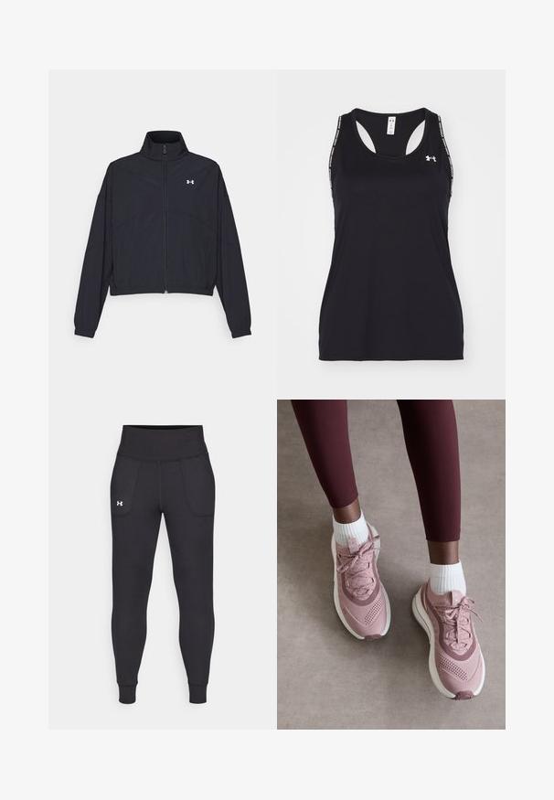 Black zip-up jacket with a high collar, elastic cuffs, and hem. Features a smooth texture and a small white logo on the chest.; Black athletic tank top with a scoop neckline and racerback design. Features logo and patterned straps. Made from lightweight, breathable material.; Black athletic leggings made from stretchy material, featuring a high waistband, side pockets, and fitted cuffs at the ankle.; Light pink athletic shoes with textured mesh upper, lace closure, and white sole. Worn with white crew socks, paired with burgundy leggings.