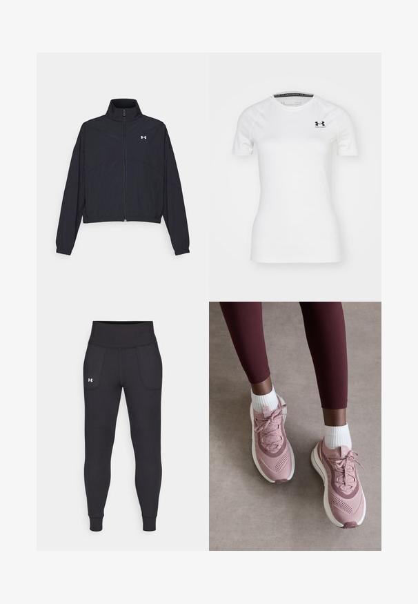Sort zip-jakke med høj krave, elastiske manchetter og kant. Har en glat tekstur og et lille hvidt logo på brystet.; Hvid kortærmet atletisk T-shirt lavet af glat stof, med et sort Under Armour-logo på den øverste venstre bryst og rund halsudskæring.; Sorte atletiske leggings lavet af strækbart materiale, med høj talje, sidelommer og tætsiddende manchetter ved anklerne.; Lyserøde atletiske sko med tekstureret mesh-overdel, snørelukning og hvid sål. Båret med hvide ankelstrømper, sammen med bordeaux leggings.