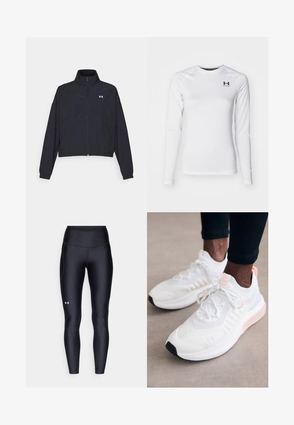 Črna jakna na zadrgo z visokim ovratnikom, elastičnimi manšetami in robom. Ima gladko teksturo in majhen bel logotip na prsih.; Dolga majica z dolgimi rokavi bele barve, narejena iz gladkega materiala, z okroglo ovratnikom in črnim logotipom na zgornjem levem prsnem delu.; Črne pajkice iz gladkega, elastičnega materiala z visokim pasom. Imajo bel logotip na levem stegnu in oprijet kroj.; Under Armour PHANTOM 4 - Športni copati - white