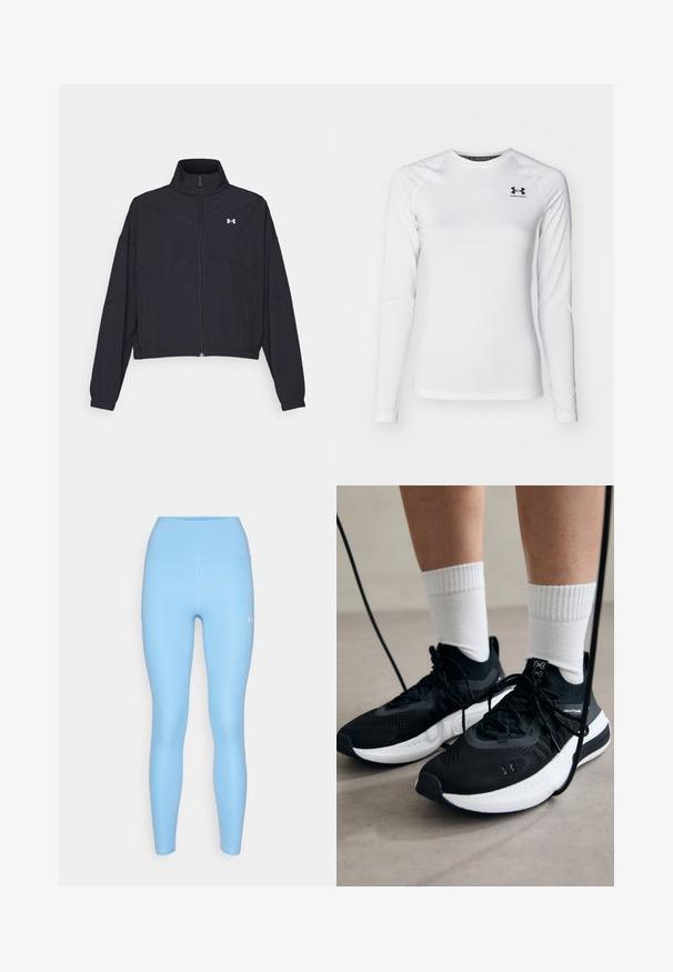 Black zip-up jacket with a high collar, elastic cuffs, and hem. Features a smooth texture and a small white logo on the chest.; Long-sleeve white athletic shirt made of smooth fabric, featuring a crew neck and black logo on the upper left chest.; Under Armour MOTION ANKLE LEG - Leggings - horizon blue/white; Black athletic shoes with textured fabric, white sole, and black laces. Worn with white ribbed socks, standing on a light surface.