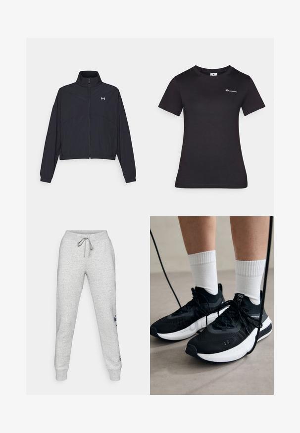 Black zip-up jacket with a high collar, elastic cuffs, and hem. Features a smooth texture and a small white logo on the chest.; Black short-sleeve t-shirt made of cotton, featuring a small embroidered logo on the chest. Classic crewneck design with a soft texture.; Gray cotton sweatpants with a drawstring waistband, fitted cuffs, and a navy logo printed on the left side. Smooth, soft texture.; Black athletic shoes with textured fabric, white sole, and black laces. Worn with white ribbed socks, standing on a light surface.