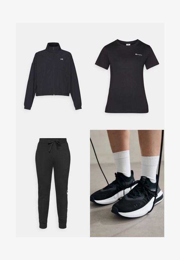 Black zip-up jacket with a high collar, elastic cuffs, and hem. Features a smooth texture and a small white logo on the chest.; Black short-sleeve t-shirt made of cotton, featuring a small embroidered logo on the chest. Classic crewneck design with a soft texture.; Black tapered jogger pants with a drawstring waist, made of soft fabric. Features ribbed cuffs and a printed logo detail on the side.; Black athletic shoes with textured fabric, white sole, and black laces. Worn with white ribbed socks, standing on a light surface.