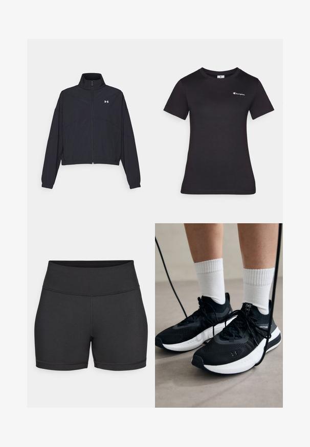 Sort zip-jakke med høj krave, elastiske manchetter og kant. Har en glat tekstur og et lille hvidt logo på brystet.; Sort kortærmet t-shirt lavet af bomuld, med et lille broderet logo på brystet. Klassisk crewneck design med en blød tekstur.; Sorte atletiske shorts lavet af strækbart stof, der har en høj talje, flade sømme og en glat overflade uden synlige mønstre.; Sorte sportssko med tekstureret stof, hvid sål og sorte snørebånd. Båret med hvide ribbede sokker, stående på en lys overflade.