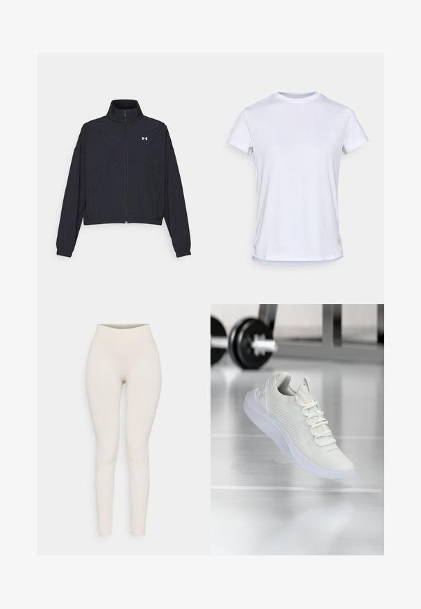 Juodas užtrauktuku užsegamas džemperis su aukštu apykaklės kraštu, elastingomis rankogaliais ir apačia. Pasižymi lygiu tekstūru ir mažuoju baltu logotipu ant krūtinės.; Balti apvalių kaklo marškinėliai, pagaminti iš lengvos medžiagos. Trumpomis rankovėmis, lygiu paviršiumi, su tiesia apačia ir be matomų logotipų ar raštų.; Ribotos legginsai smėlio spalvos, su aukštu juosmeniu ir prigludusia išvaizda. Lygi tekstūra, siaurėjantys antblauzdžiai ir apvaduoti kraštai.; Balti sportiniai batai su tekstūruota tinklelio viršutine dalimi ir raištelių sistema, turintys paminkštintą baltą pado ir subtilius įdubimus.