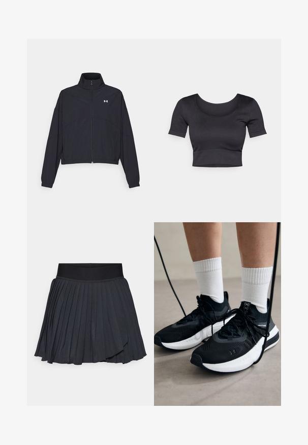 Čierna zipová bunda s vysokým golierom, elastickými manžetami a lemom. Má hladkú textúru a malé biele logo na hrudi.; Čierny rebrovaný krátky top s krátkymi rukávmi, širokým okrúhlym výstrihom a fitted pásom na dne. Mäkká textúra, ležérny dizajn.; Čierna skladaná sukňa s širokým elastickým pásom, vyrobená z hladkej tkaniny so jemným leskom, dĺžky po kolená s vrstveným dizajnom.; Čierne športové topánky s textúrovanou tkaninou, bielou podrážkou a čiernymi šnúrkami. Nosené s bielymi rebrovanými ponožkami, postavené na svetlom povrchu.