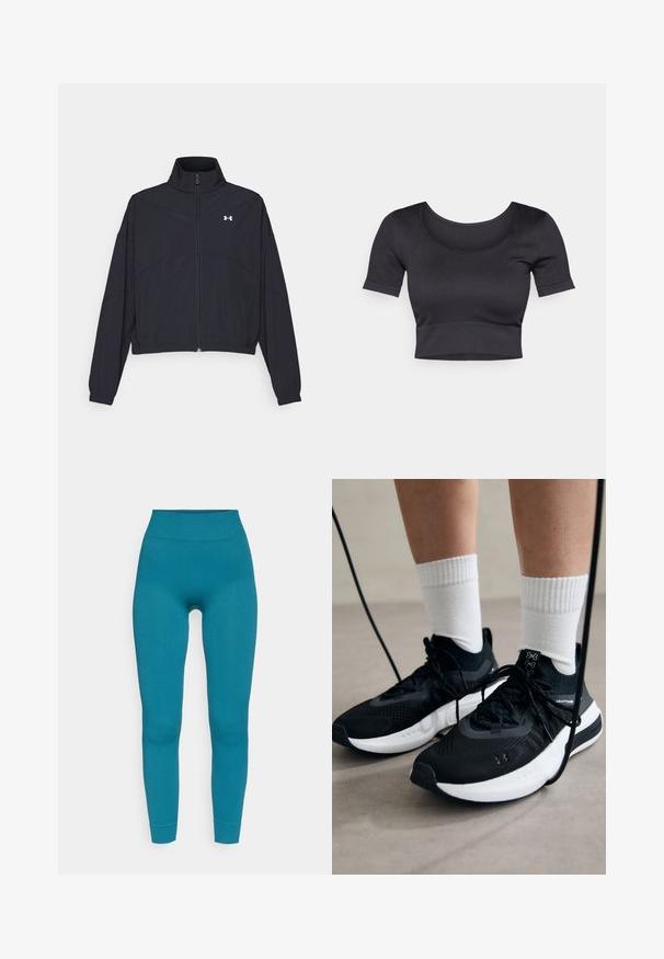 Juodas užtrauktuku užsegamas džemperis su aukštu apykaklės kraštu, elastingomis rankogaliais ir apačia. Pasižymi lygiu tekstūru ir mažuoju baltu logotipu ant krūtinės.; Juodas raštuotas trumpas viršus su trumpomis rankovėmis, plačiu apvaliu iškirpimu ir prigludusia juosta apačioje. Minkšta tekstūra, laisvalaikio dizainas.; Turkio spalvos raukšlėtos legging'os su aukšta juosmens linija, pasižyminčios aptemptu dizainu ir tampria medžiaga. Nėra matomų raštų ar papildomų akcentų.; Juodi sportiniai batai su tekstūruotu audiniu, balta padu ir juodais raiščiais. Dėvimi su baltais raištiniais kojiniais, stovint lengvame paviršiuje.
