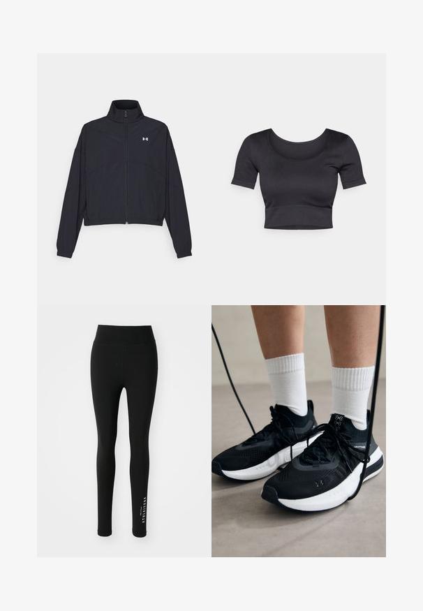Melnā zipa jakā ar augstu apkakli, elastīgām piedurknēm un apakšmalu. Tai ir gluda tekstūra un neliels balts logo uz krūšu daļas.; Melnas ribotas īsās piedurknes apgrieztais tops ar plašu apaļu dekoltē un pieguļošu joslu apakšā. Maiga tekstūra, ikdienišķs dizains.; Melnas leginga no elastīgas auduma. Augsta jostasvieta ar gludu tekstūru. Apakšējā kājas daļā uzraksts "ATHELEISURE" baltā krāsā.; Melni sporta apavi ar strukturētu audumu, balta zole un melni šņores. Valkāti ar baltām ribotām zeķēm, stāvot uz gaišas virsmas.