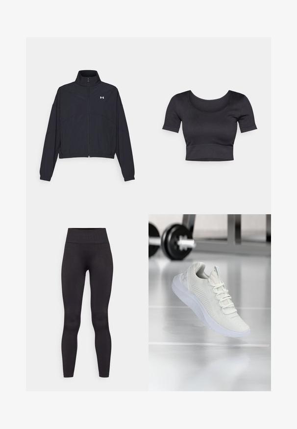 Čierna zipová bunda s vysokým golierom, elastickými manžetami a lemom. Má hladkú textúru a malé biele logo na hrudi.; Čierny rebrovaný krátky top s krátkymi rukávmi, širokým okrúhlym výstrihom a fitted pásom na dne. Mäkká textúra, ležérny dizajn.; Čierne legíny vyrobené z hladkej, elastickej tkaniny. Vysoký pás s ryhovanou textúrou. Priliehavý strih, žiadne viditeľné švy ani vzory.; Biele atletické tenisky s textúrovaným sieťovým zvrškom a systémom šnurovania, so zvýšenou bielou podrážkou a jemnými ryhovanými akcentmi.