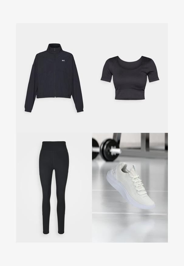 Černá zipová bunda s vysokým límcem, elastickými manžetami a lemem. Má hladkou texturu a malé bílé logo na hrudi.; Černý žebrovaný top s krátkými rukávy, širokým kulatým výstřihem a přiléhavým lemem na spodní části. Měkká textura, neformální design.; Černé legíny vyrobené z elastické látky, s vysokým pasem, žebrovanými panely po stranách a přiléhavým designem na kotnících.; Bílé atletické tenisky s texturovaným síťovým svrškem a systémem šněrování, s polstrovanou bílou podrážkou a jemnými žebrovanými detaily.