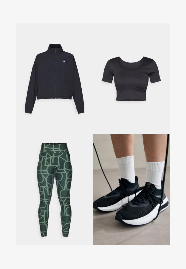 Must Musta tõmblukuga jakk, millel on kõrge krae, elastsed mansetid ja alläär. Omab sujuvat tekstuuri ja rinnal väikest valget logo.; Must have rõngaste ja lühikeste varrukatega must ribakujundusega topsi, millel on lai ümar dekoltee ja madal vöökoht. Pehme tekstuur, juhuslik disain.; Kõrge vöökoht, rohelised legginsid, millel on geomeetriline muster rahulikest toonidest. Valmistatud venivast, siledast kangast, millel on kehaümberpööratud lõige.; Mustad mustad jalanõud tekstuuritud kangast, valge tallaga ja mustade paeltega. Kanna valgete soonikkudega sokkide sisse, seistes helesinisel pinnal.