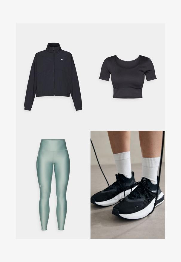 Črna jakna na zadrgo z visokim ovratnikom, elastičnimi manšetami in robom. Ima gladko teksturo in majhen bel logotip na prsih.; Črn rebrast kratek top s kratkimi rokavi, širokim okroglim vratnim izrezom in prilegajočim trakom na dnu. Mehka tekstura, sproščen dizajn.; Visoko pasovi, dolgi leggingi v podtonih zelene barve. Narejeni iz gladkega, raztegljivega materiala z rahlim sijajem in stranskimi žepi.; Črne športne čevlje z strukturirano tkanino, belo podplatom in črnimi vezalkami. Nosi se z belimi rebrastimi nogavicami, stoje na svetli površini.