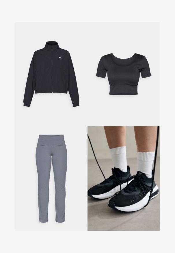Sort zip-jakke med høj krave, elastiske manchetter og kant. Har en glat tekstur og et lille hvidt logo på brystet.; Sort ribbet cropped top med korte ærmer, bred rund halsudskæring og en tætsiddende kant i bunden. Blød tekstur, afslappet design.; Grå atletiske leggings med en bred, glat talje og et tætsiddende, taperet ben-design. Fremstillet af et blødt, strækbart stof.; Sorte sportssko med tekstureret stof, hvid sål og sorte snørebånd. Båret med hvide ribbede sokker, stående på en lys overflade.