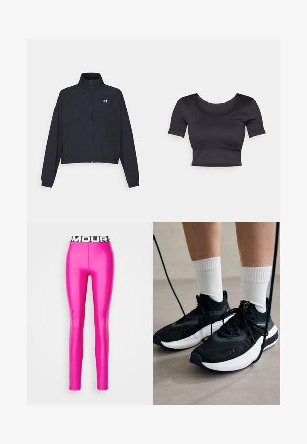 Black zip-up jacket with a high collar, elastic cuffs, and hem. Features a smooth texture and a small white logo on the chest.; Black ribbed cropped top with short sleeves, wide round neckline, and a fitted band at the bottom. Soft texture, casual design.; Under Armour HEATGEAR - Leggings - astro pink; Black athletic shoes with textured fabric, white sole, and black laces. Worn with white ribbed socks, standing on a light surface.